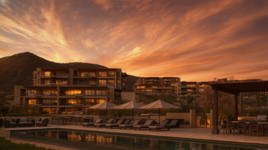 Oceanview pool at sunset, Quivira
